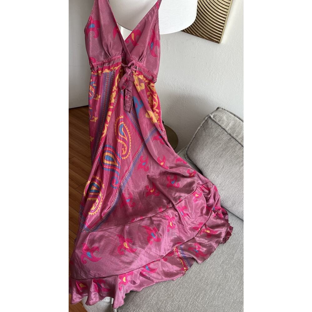 Vtg Y2K Silky Scarf Paisley Maxi Dress Summer Beach Pink One Size Sleeveless
